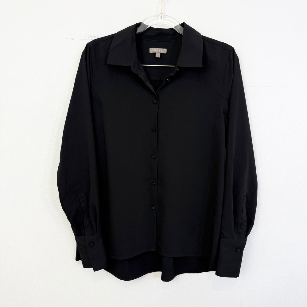 Lilla P Black Satin Button Down Blouse Long Sleeve Size S